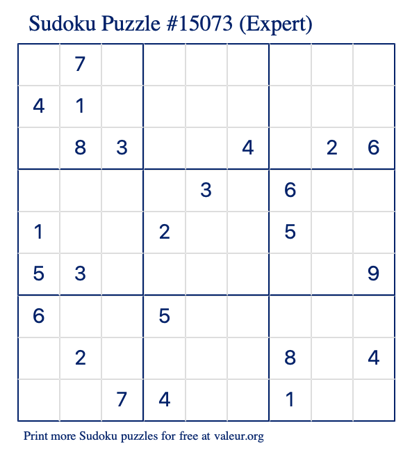 Free Printable Expert Sudoku Puzzle number 15073