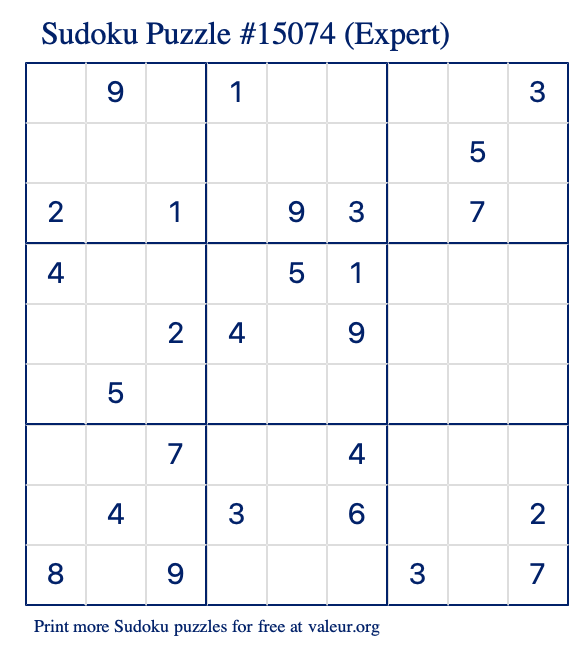 Free Printable Expert Sudoku Puzzle number 15074