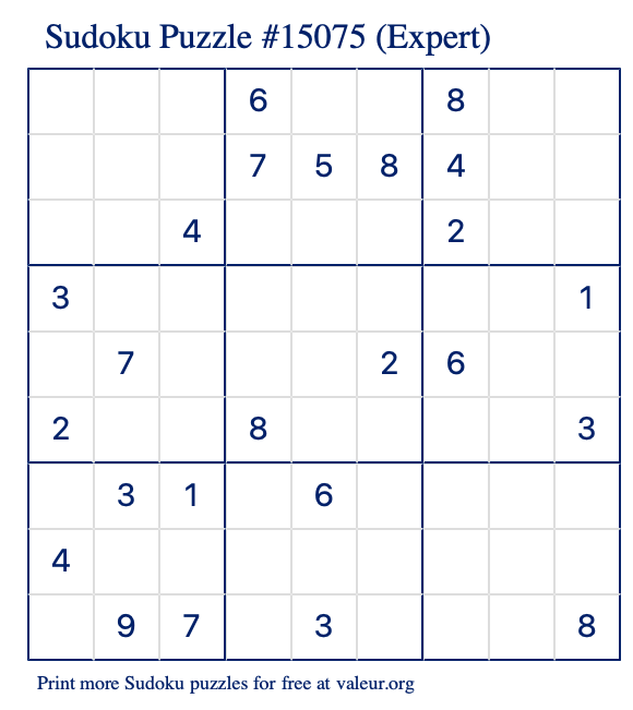 Free Printable Expert Sudoku Puzzle number 15075