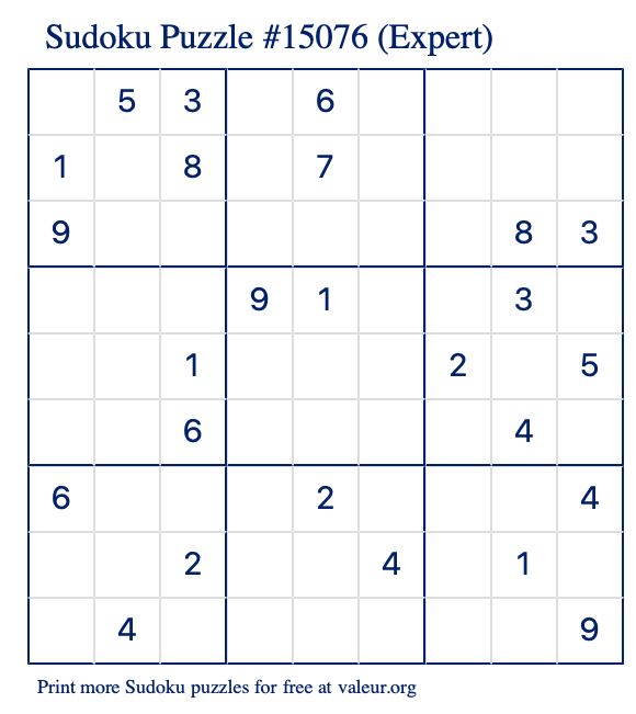 Free Printable Expert Sudoku Puzzle number 15076