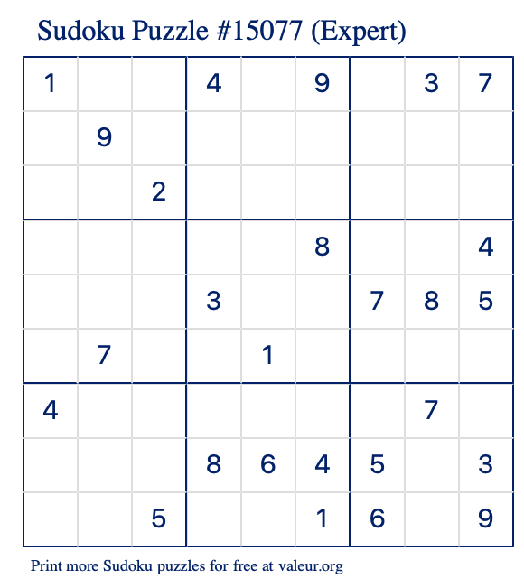 Free Printable Expert Sudoku Puzzle number 15077