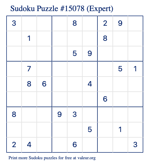 Free Printable Expert Sudoku Puzzle number 15078