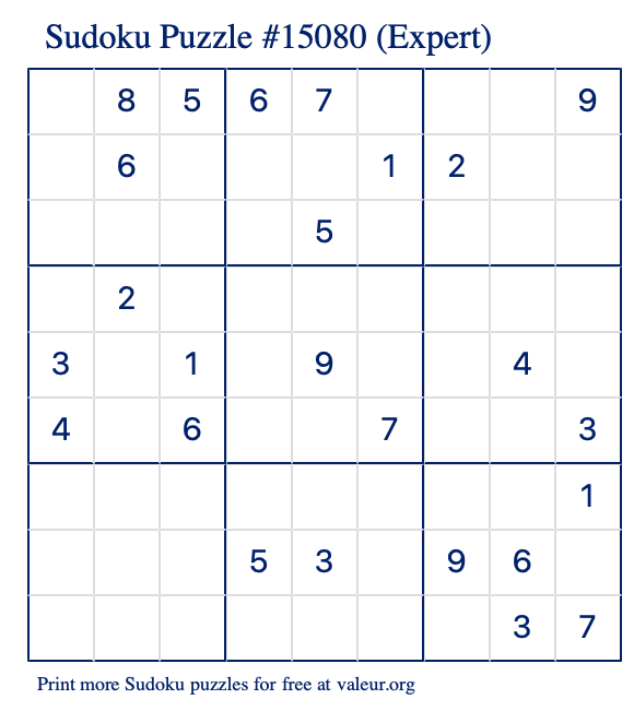 Free Printable Expert Sudoku Puzzle number 15080