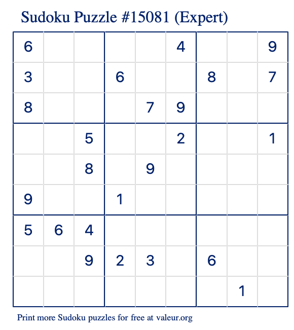 Free Printable Expert Sudoku Puzzle number 15081