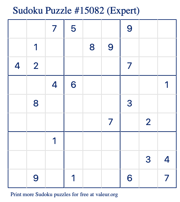 Free Printable Expert Sudoku Puzzle number 15082