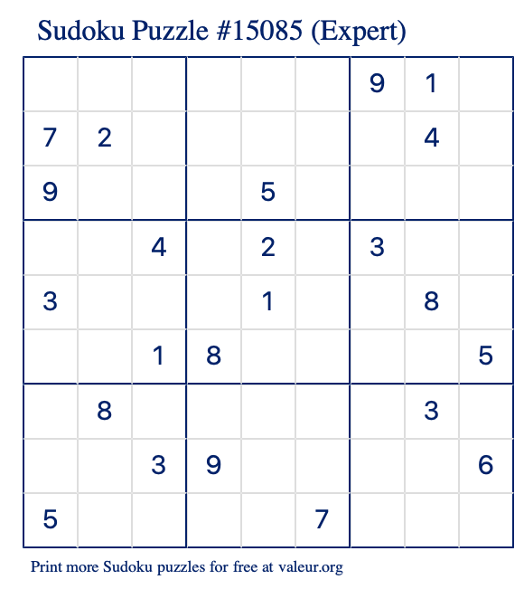 Free Printable Expert Sudoku Puzzle number 15085