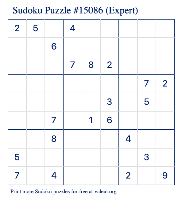 Free Printable Expert Sudoku Puzzle number 15086