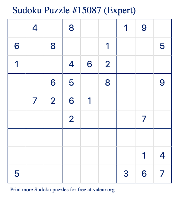 Free Printable Expert Sudoku Puzzle number 15087