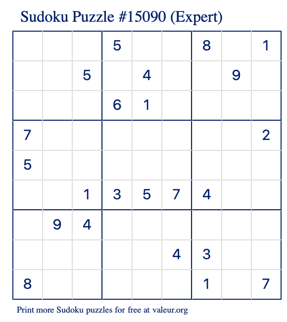 Free Printable Expert Sudoku Puzzle number 15090