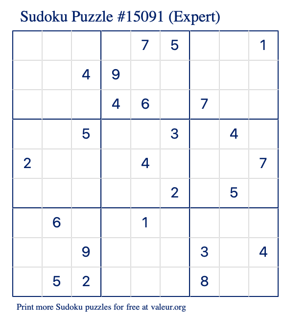 Free Printable Expert Sudoku Puzzle number 15091