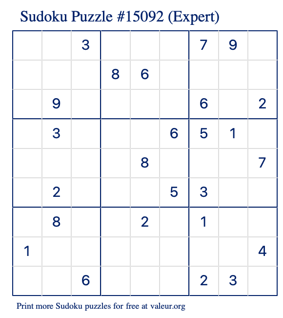 Free Printable Expert Sudoku Puzzle number 15092