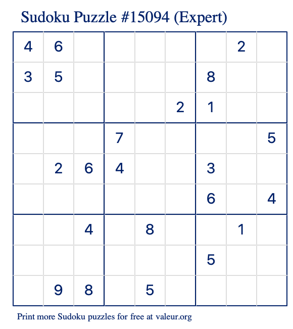 Free Printable Expert Sudoku Puzzle number 15094