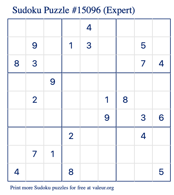 Free Printable Expert Sudoku Puzzle number 15096