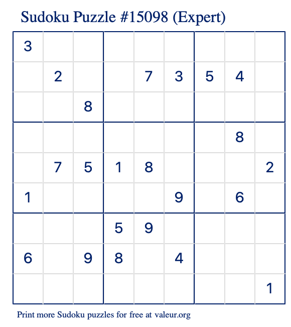 Free Printable Expert Sudoku Puzzle number 15098