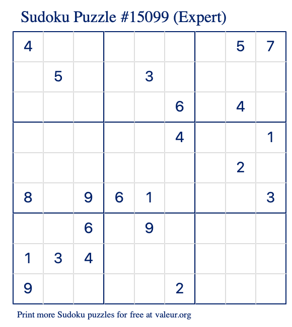 Free Printable Expert Sudoku Puzzle number 15099