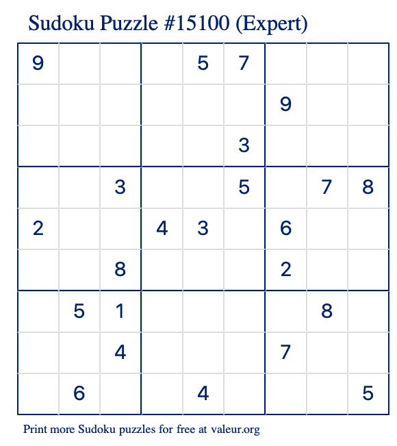Free Printable Expert Sudoku Puzzle number 15100