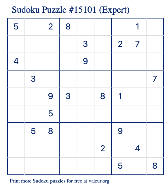 Free Printable Expert Sudoku Puzzle number 15101