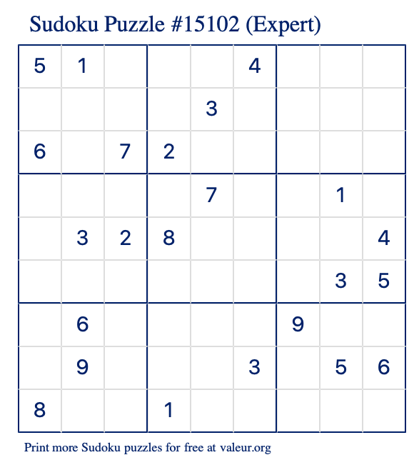 Free Printable Expert Sudoku Puzzle number 15102