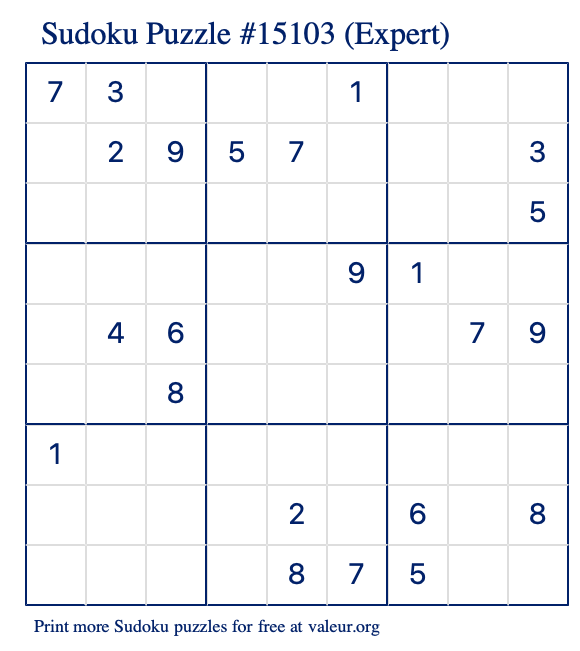 Free Printable Expert Sudoku Puzzle number 15103