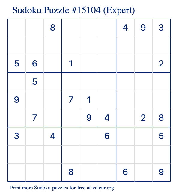 Free Printable Expert Sudoku Puzzle number 15104