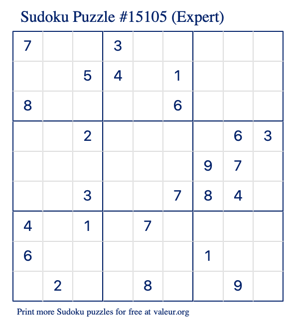 Free Printable Expert Sudoku Puzzle number 15105
