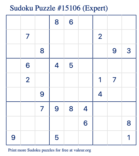 Free Printable Expert Sudoku Puzzle number 15106