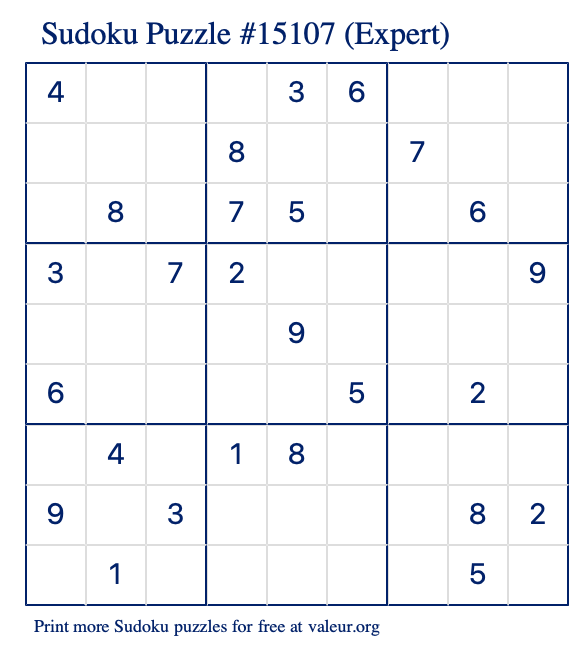Free Printable Expert Sudoku Puzzle number 15107