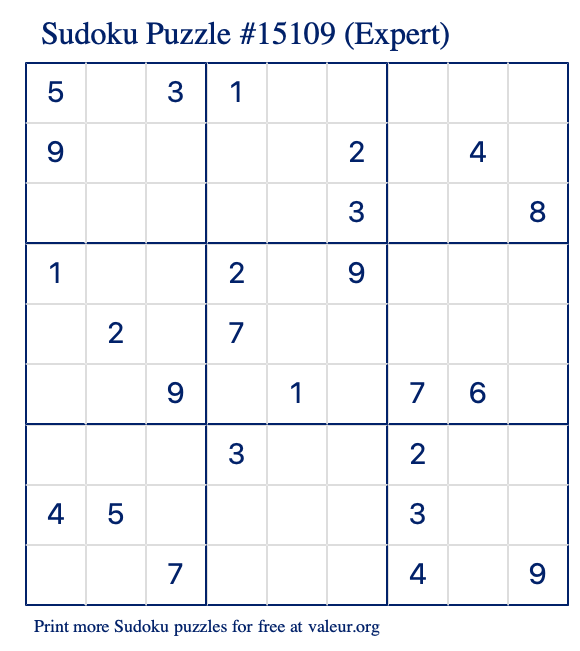 Free Printable Expert Sudoku Puzzle number 15109