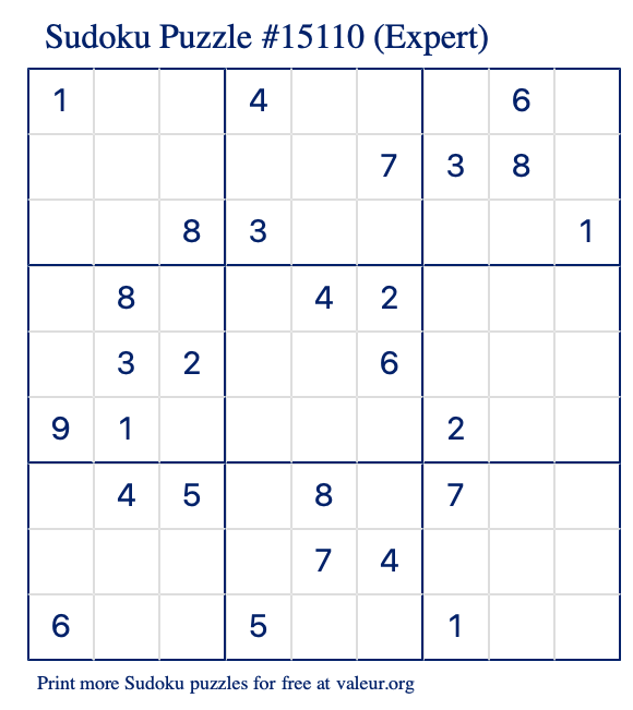 Free Printable Expert Sudoku Puzzle number 15110