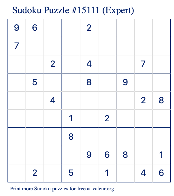 Free Printable Expert Sudoku Puzzle number 15111