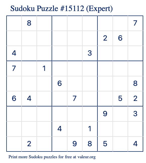 Free Printable Expert Sudoku Puzzle number 15112