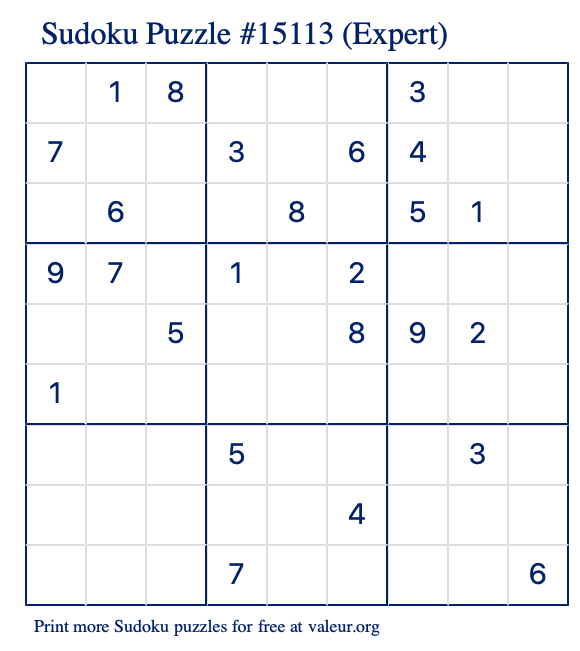 Free Printable Expert Sudoku Puzzle number 15113