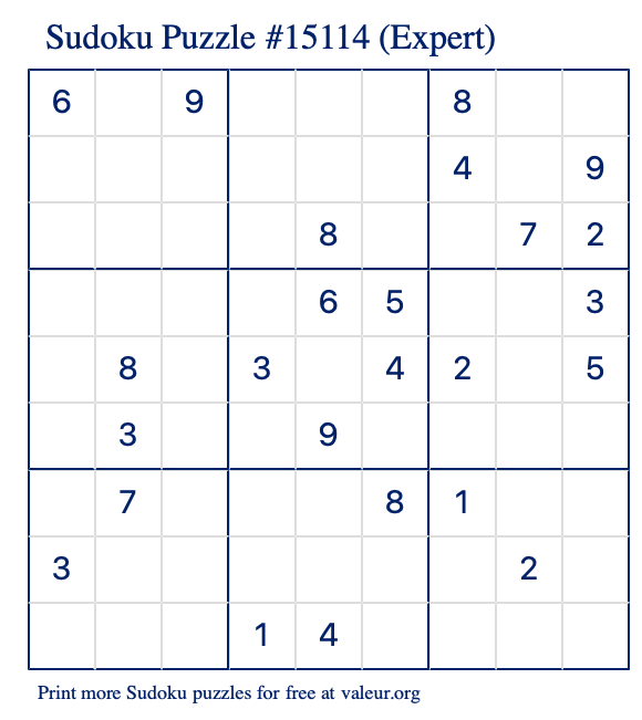 Free Printable Expert Sudoku Puzzle number 15114