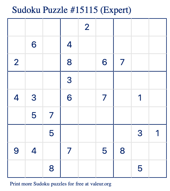 Free Printable Expert Sudoku Puzzle number 15115