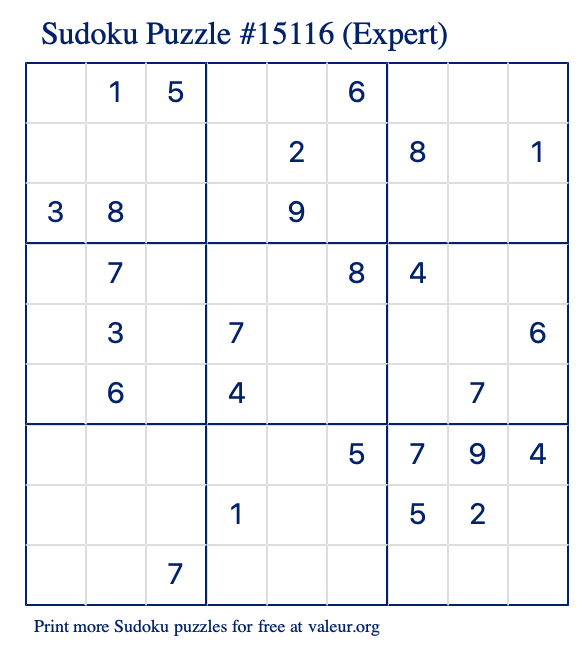 Free Printable Expert Sudoku Puzzle number 15116