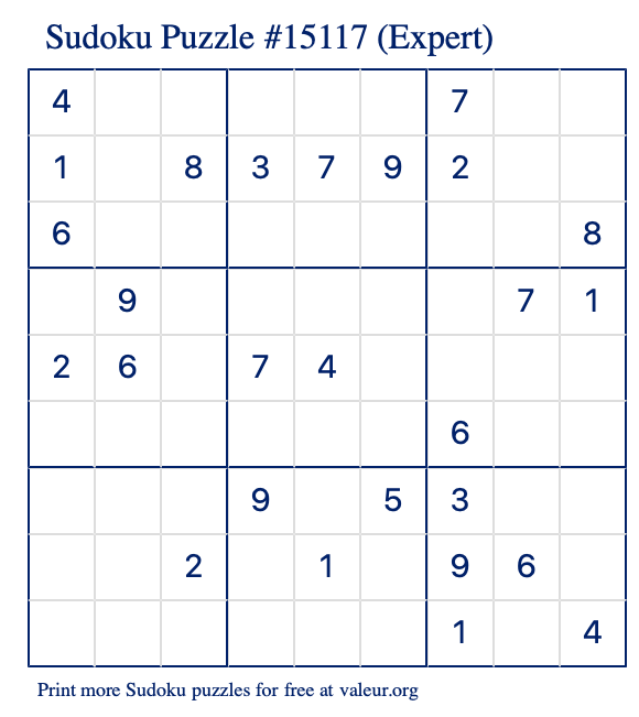 Free Printable Expert Sudoku Puzzle number 15117
