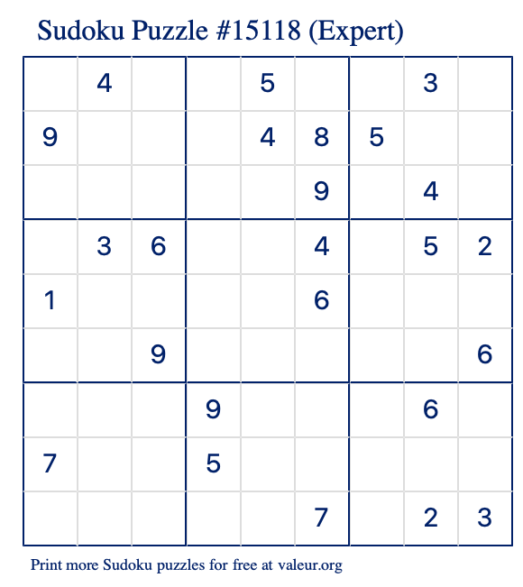 Free Printable Expert Sudoku Puzzle number 15118