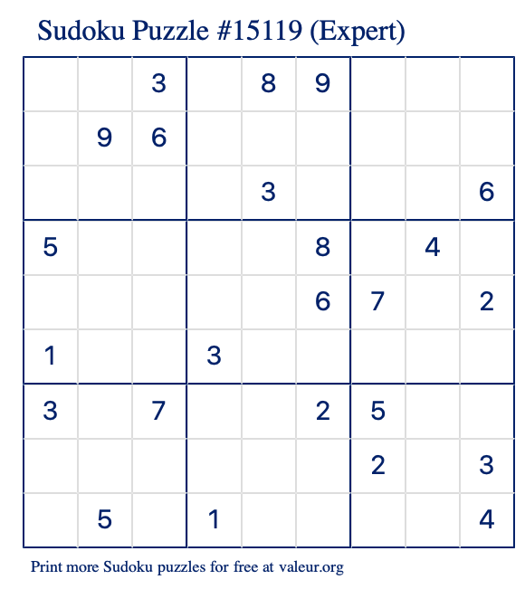 Free Printable Expert Sudoku Puzzle number 15119