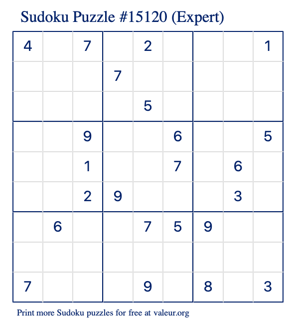 Free Printable Expert Sudoku Puzzle number 15120