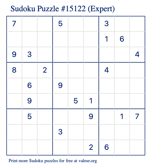 Free Printable Expert Sudoku Puzzle number 15122