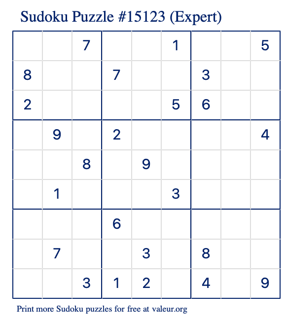 Free Printable Expert Sudoku Puzzle number 15123