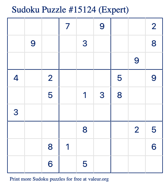 Free Printable Expert Sudoku Puzzle number 15124