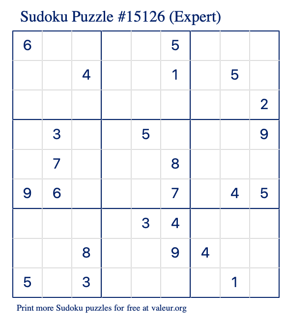 Free Printable Expert Sudoku Puzzle number 15126