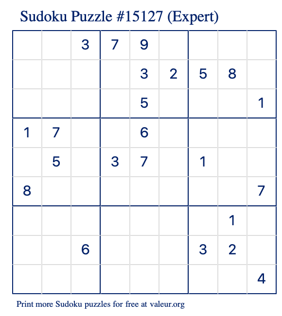 Free Printable Expert Sudoku Puzzle number 15127