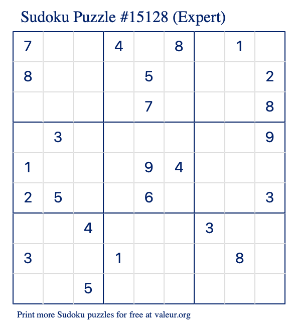 Free Printable Expert Sudoku Puzzle number 15128