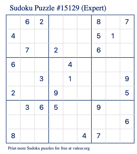 Free Printable Expert Sudoku Puzzle number 15129