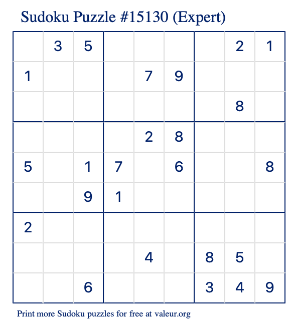 Free Printable Expert Sudoku Puzzle number 15130