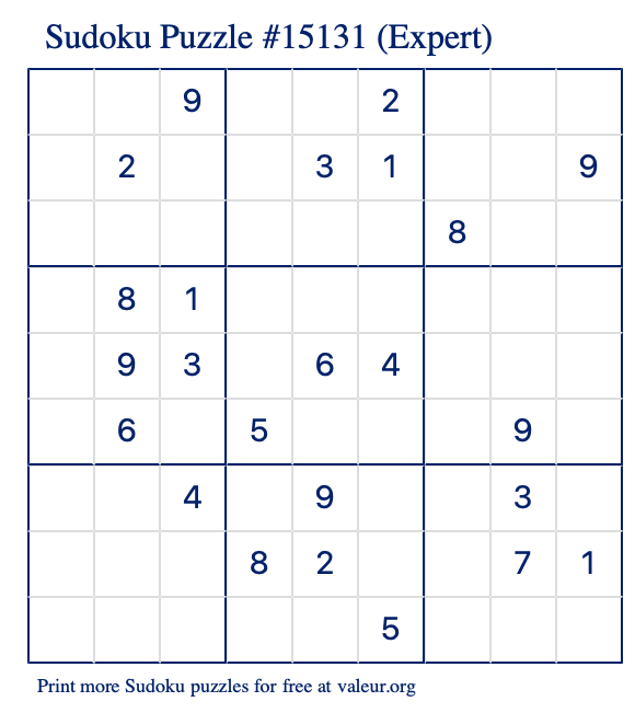 Free Printable Expert Sudoku Puzzle number 15131
