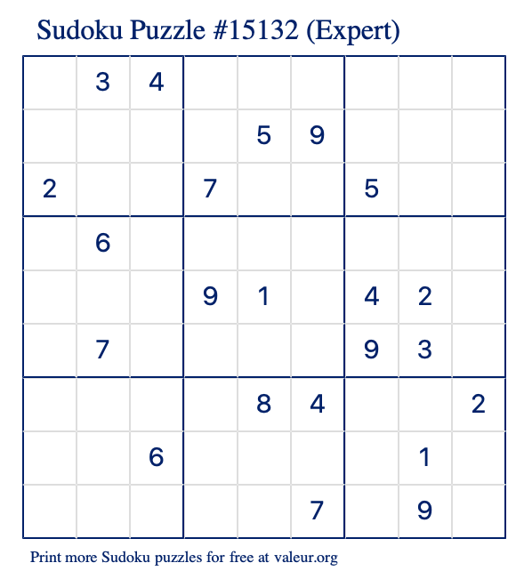 Free Printable Expert Sudoku Puzzle number 15132