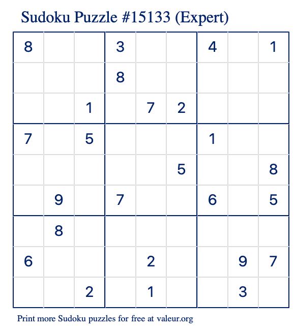 Free Printable Expert Sudoku Puzzle number 15133